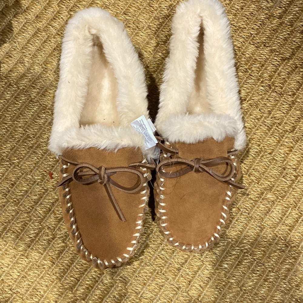 Nwt jcrew moccasins slippers sz 8 brown suede leather straps & faux fur lining